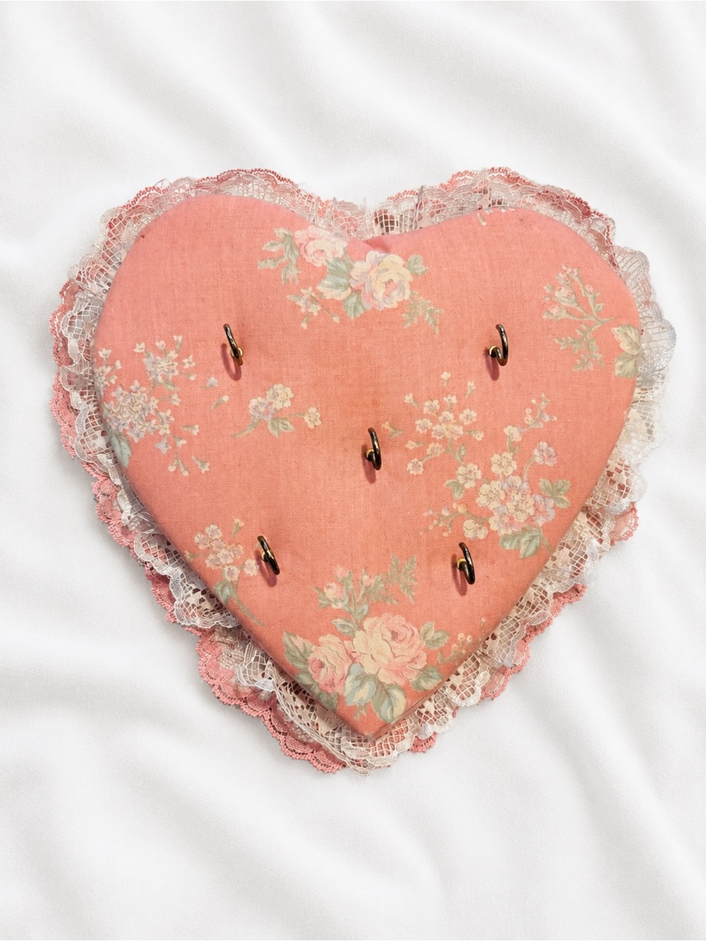 Vintage Shabby Chic Pink Floral Heart Wall Key Holder 5 Hook Organizer 10”